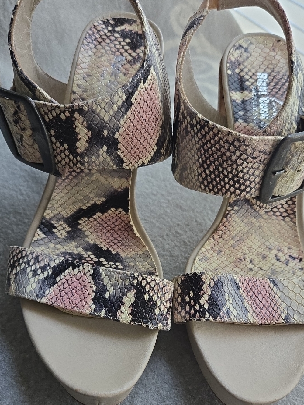 RIGHT Bank Shoe Co. Wedge Sandals in Snake-Print Beige and Pink